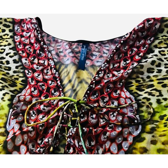 WHITE MARK KIMONO PULL-OVER TIE-UP NECK CAFTAN BLOUSE, WOMENS, 2XL, MULTICOLORS - Picture 3 of 9